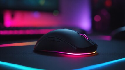 Gaming computer mouse with colorful RGB lighting on a dark gaming desk setup.