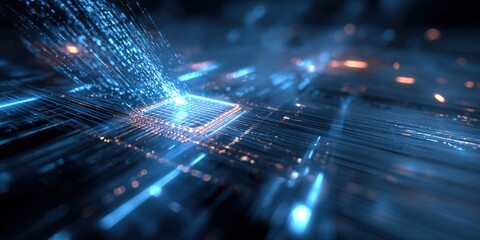 futuristic digital technology background with glowing circuit board and data streams.