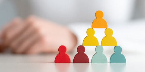 Long colorful human figure stacking toys on a table with blurred background.