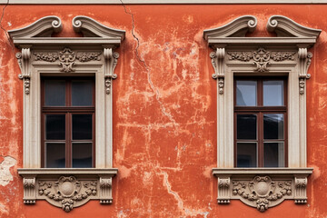 Ornate Symmetrical Windows on Aged Red Stucco Building 