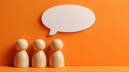 Wooden peg dolls standing with a white speech bubble on an orange background representing communication