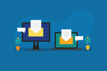 Desktop and laptop screens displaying email envelopes symbolizing digital communication and newsletter campaigns in email marketing.