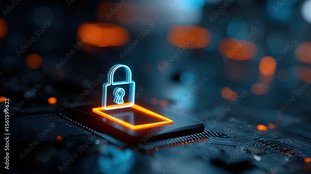 Poster high-tech digital illustration of illuminated padlock and secure data transfer concept.