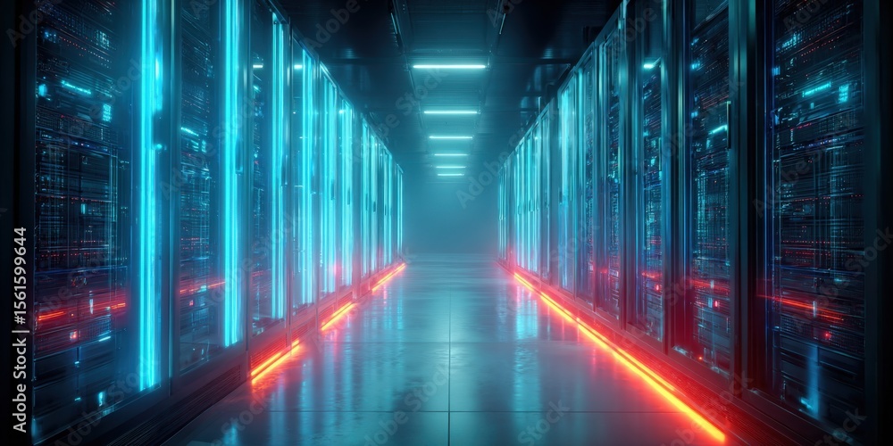 Poster futuristic data center with glowing server racks and neon lights in tunnel scene.