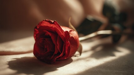 Beautiful red rose flower with detailed petals lying on soft beige fabric surface.
