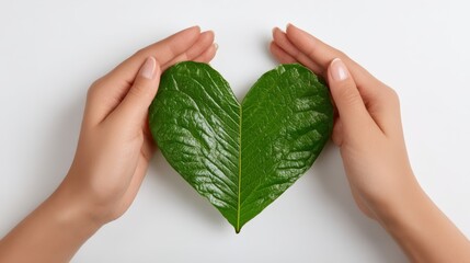 Hands Holding a Heart-Shaped Green Leaf Symbolizing Nature Love and Environment.