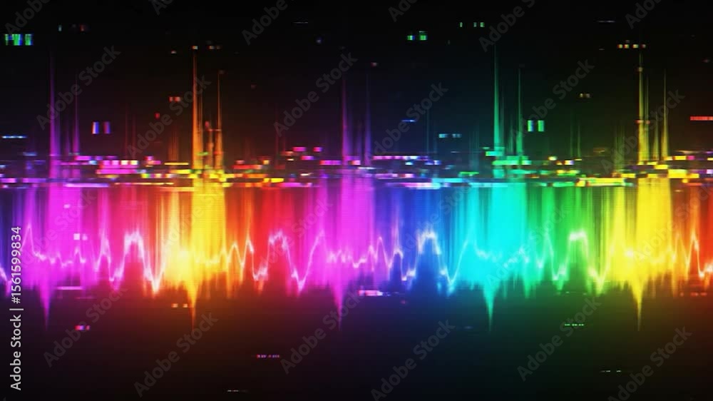 Poster abstract glitchy rainbow waveform visualizing sound and energy on black background
