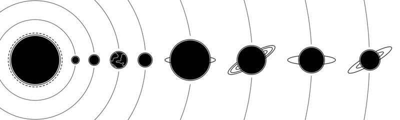 Black solar system planet stars with line orbit vector design