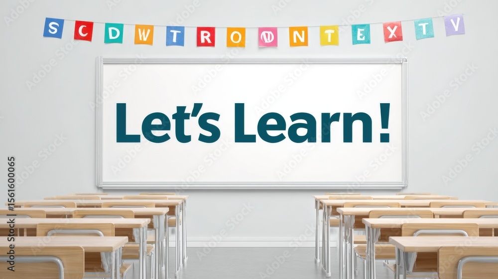 Poster bright classroom interior with empty desks and colorful learning banner display.