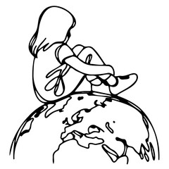Child Sitting on the World Globe Line Art
