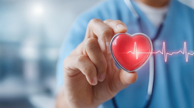 Medical professional holding heart health monitor symbol with heartbeat line in hospital.