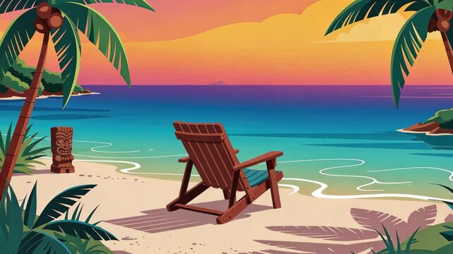 Wooden beach chair invitingly sits on sandy shore with tiki statue, overlooking tranquil ocean.