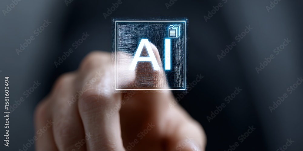 Poster futuristic digital artificial intelligence interface with glowing ai icon and touchscreen design.