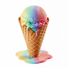 Melting rainbow ice cream cone with colorful drips isolated on white background copy space