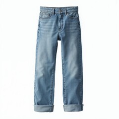 Worn blue jeans with rolled cuffs isolated on white background copy space