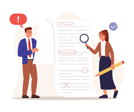 Vector illustration of checking,editing document,report.Cartoon scene boy and girl through magnifying glass analyze text isolated on white background.Underline,circle,correct errors.Business concept.