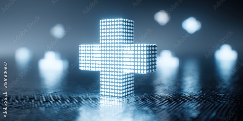 Poster modern pixelated cross cube display with digital light effects on dark background.