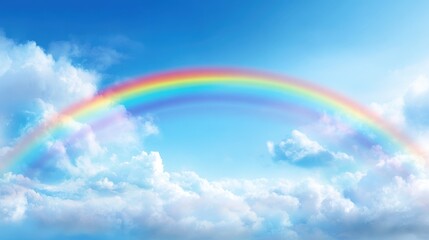 Vibrant rainbow arching across bright blue sky with fluffy clouds and sunlight.