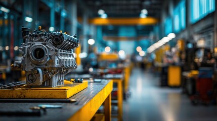 Obraz premium Industrial engine assembly line detailed machinery manufacturing factory interior.