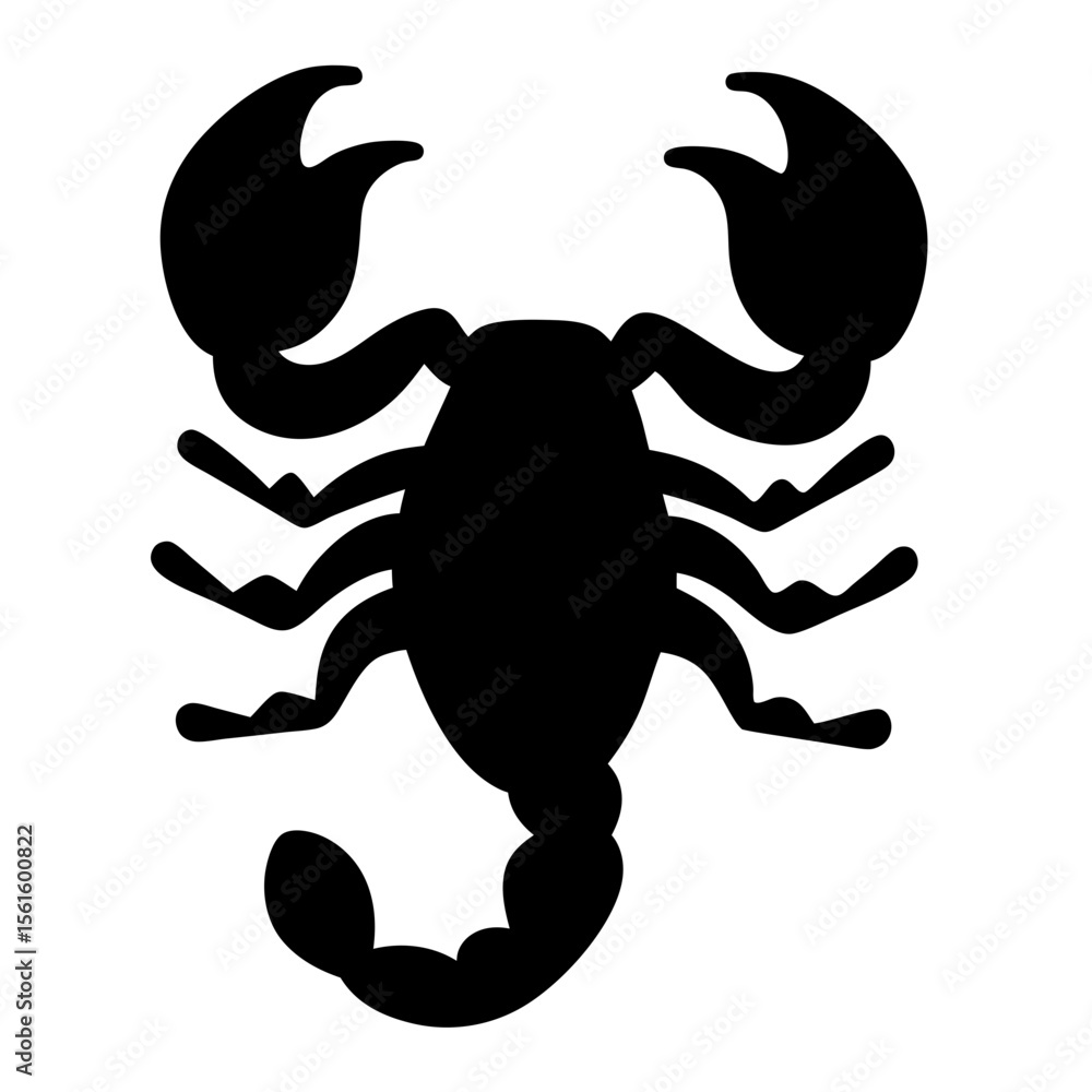 Poster silhouette of a scorpion with large claws and segmented tail striking pose