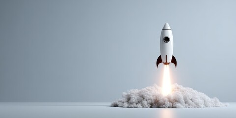 Modern white rocket launching into sky with flaming exhaust and smoke trail.