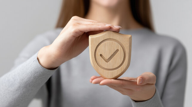 A woman's hand holding a wooden shield protect icon