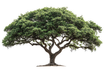 Fototapeta premium Majestic spreading oak tree silhouette, lush green canopy and gnarled trunk, natural landscape element for design isolated on Transparent Background