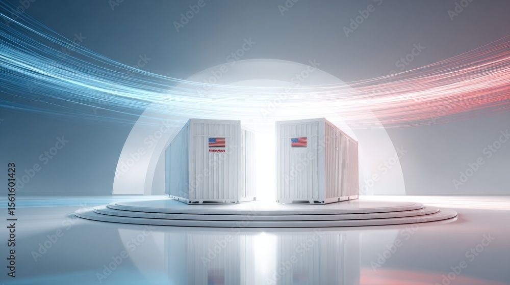 Poster modern futuristic data storage containers on sleek platform with digital light trails.