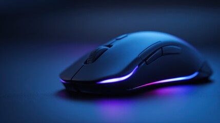 Sleek modern wireless computer gaming mouse with glowing LED accents illuminated in dark environment.
