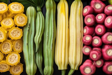 Collage of assorted tropical vegetables, including okra, taro, and plantains, showcasing their unique shapes and colors