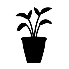 Obraz premium Silhouette of Plant in Pot with Leaves, A black silhouette of a potted plant with multiple leaves, symbolizing nature, gardening, or home decor. 