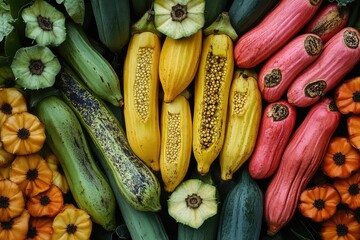 Collage of assorted tropical vegetables, including okra, taro, and plantains, showcasing their unique shapes and colors