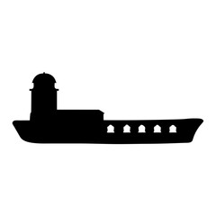 Silhouette of a Ship with Lighthouse, A black silhouette of a ship with a lighthouse, symbolizing navigation, maritime, or coastal themes.
