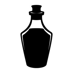 Black Vintage Bottle Icon with Liquid, A black silhouette of a vintage-style bottle with a cork, filled with liquid, symbolizing potion or beverage.
