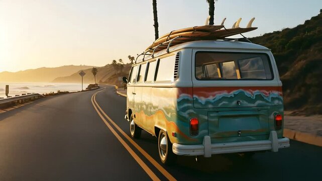 Driving with Surfboards on Top of a Classic Van by Coastal Road at Sunset