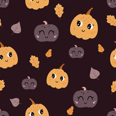 Cute pumpkins seamless pattern. Autumn, Halloween, Thanksgiving hand drawn vector background