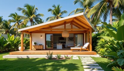 Fototapeta premium Accessory dwelling unit. Modern tropical house surrounded by lush greenery and palm trees.