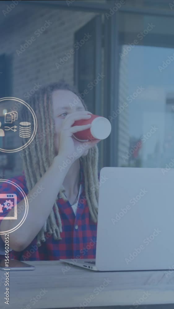 Aufkleber animation of network of connections with icons over man using laptop