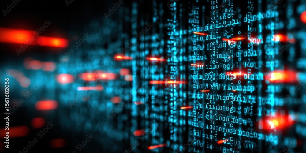 Aufkleber Digital Data Stream Abstract with Binary Code and Red Light Effects in Motion.