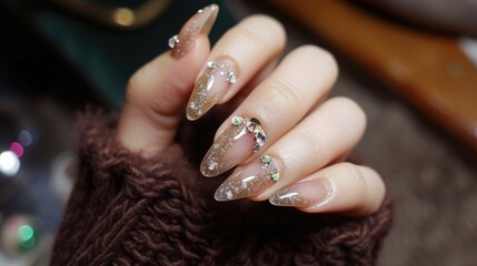 Close up of female hand displaying long manicured nails, Showcasing beauty and elegance with focus on nail design, blurred background.