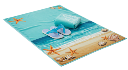 Beach towel with ocean design featuring flipflops towel starfish and seashells on black background