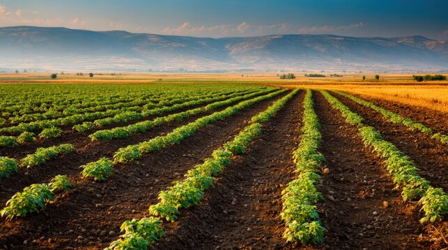 Expansive farmland with neatly arranged green crops growing in rows under blue sky and distant mountains.