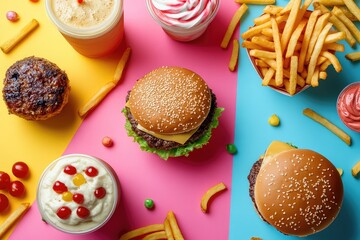 Collage of classic fast food items, including burgers, fries, and milkshakes, arranged on a colorful background