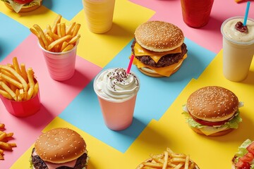 Collage of classic fast food items, including burgers, fries, and milkshakes, arranged on a colorful background