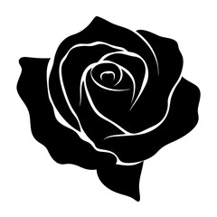 Black Icon of a Rose Flower in Bloom, A black silhouette of a blooming rose flower, representing love, romance, and beauty.
