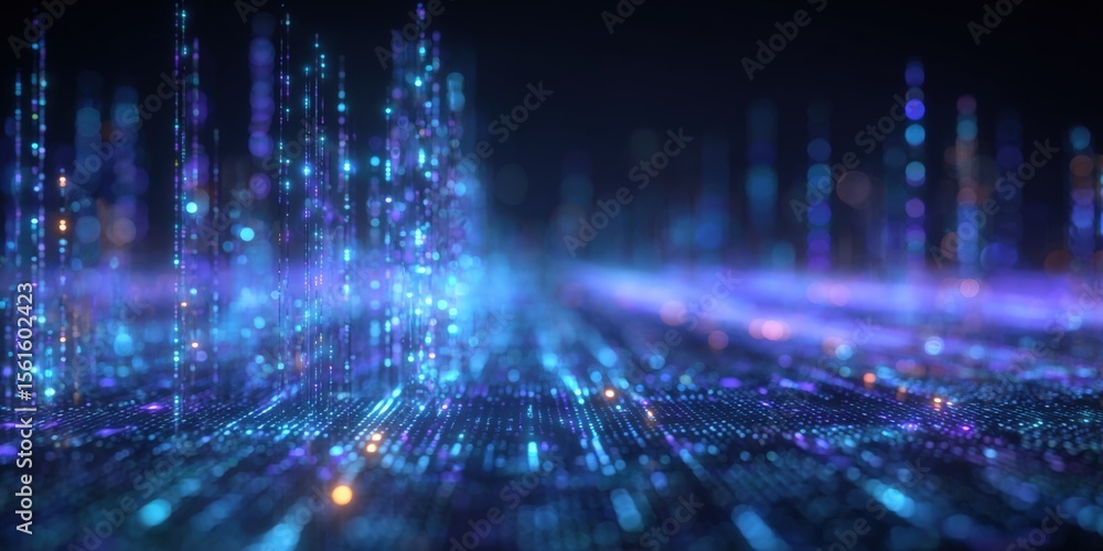 Poster Futuristic Digital Data Visualization With Colorful Light Particles and Light Trails.