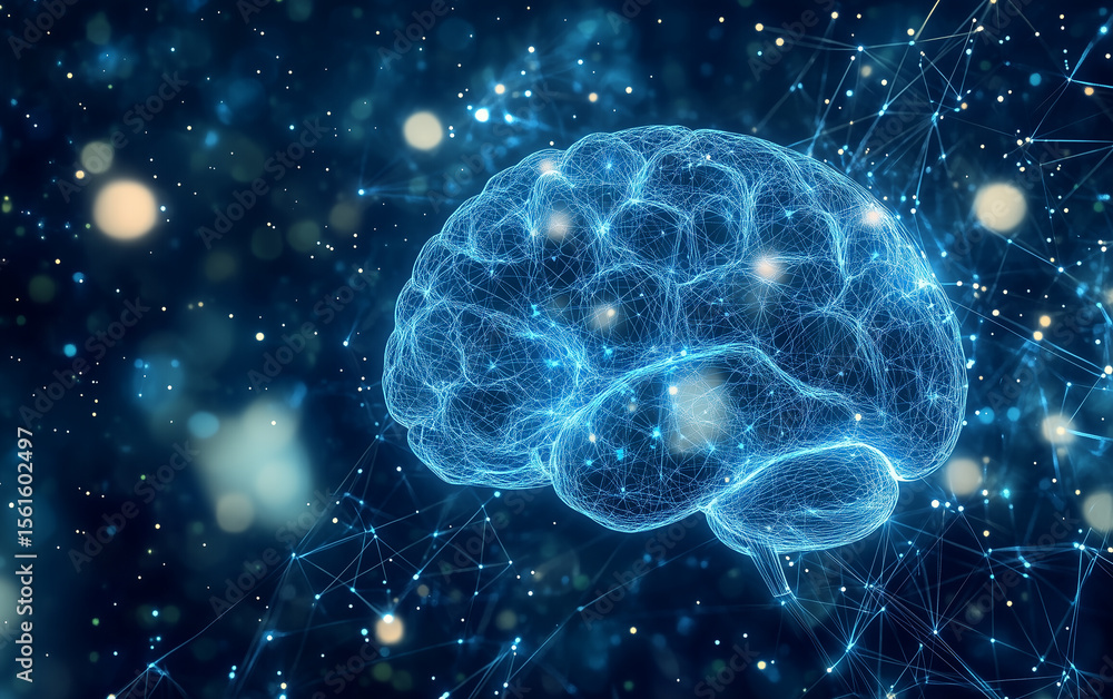Poster digital brain with network connections against a dark bokeh background view