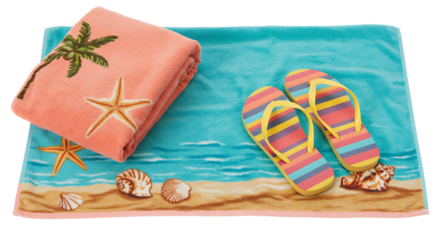 Beach scene with folded towel flip flops on a beachthemed towel