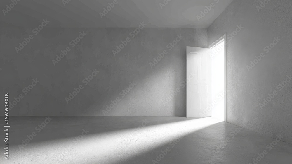 Poster minimalist empty room with bright open door and natural light pouring in.