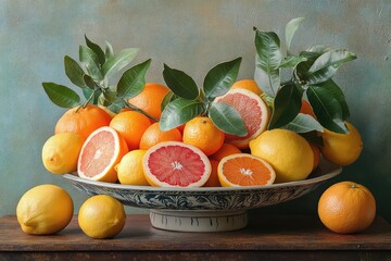 Collage of different types of citrus fruits, including grapefruit, tangerines, and lemons, arranged in a bowl